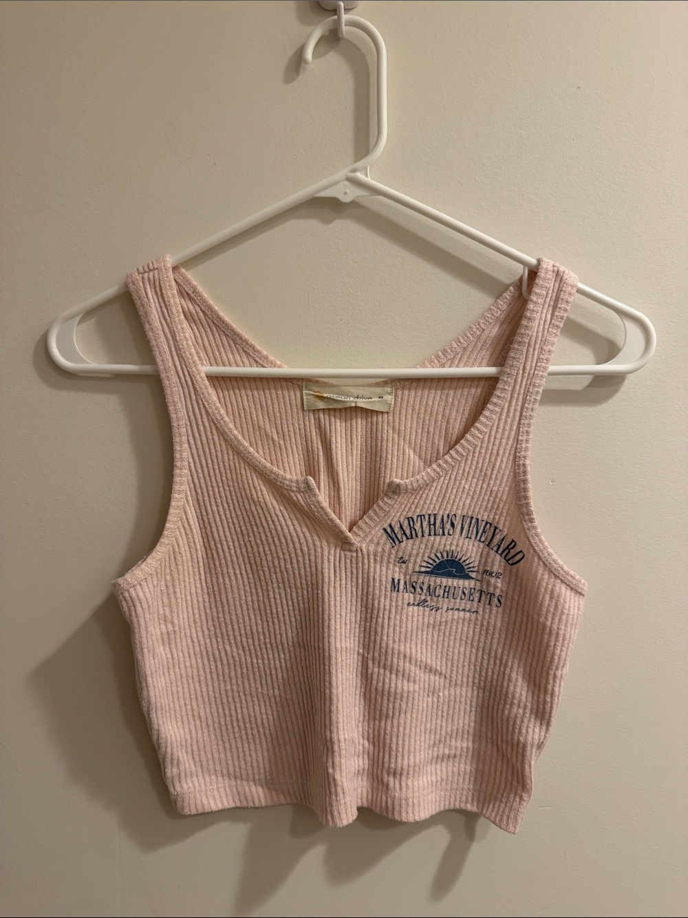 Ocean Drive Light Pink Ribbed Crop Tank with Navy Graphic